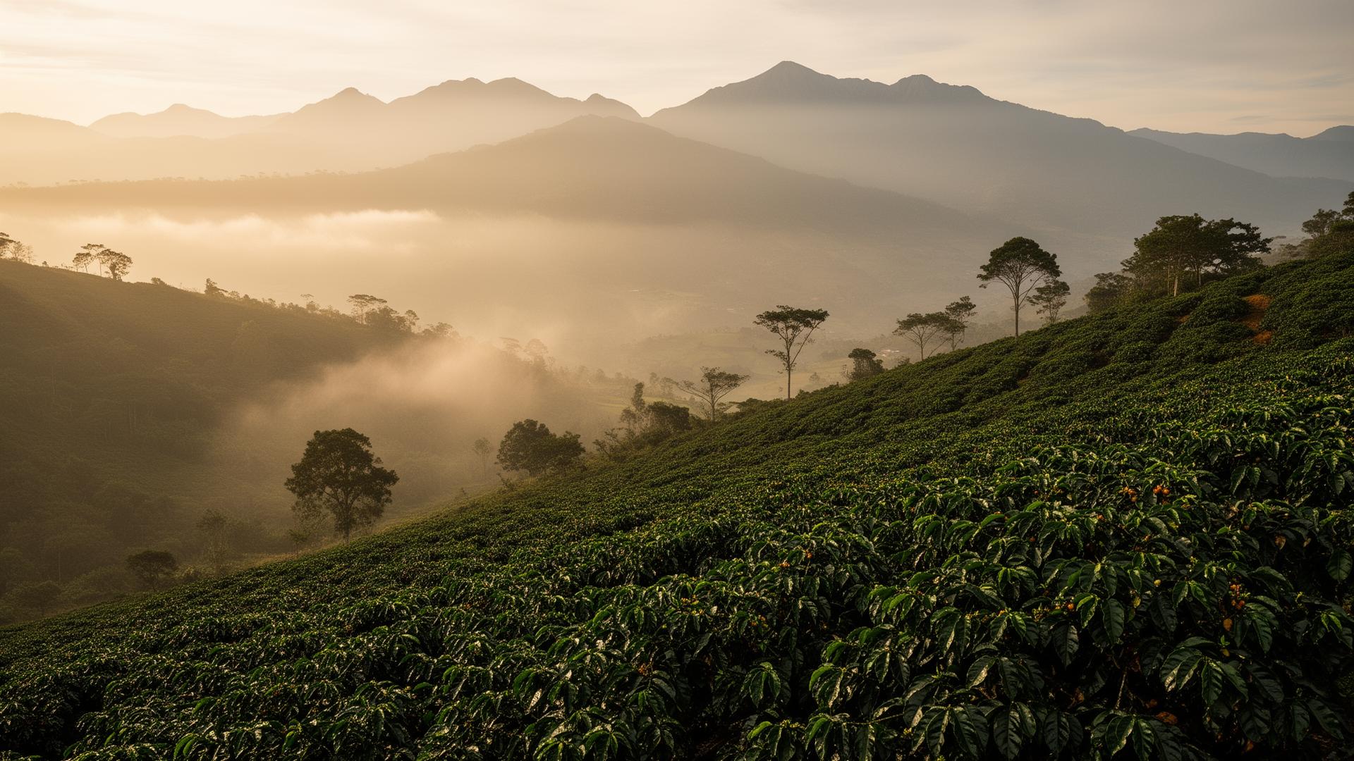 Coffee farm landscape in Caldas, Colombia at golden hour