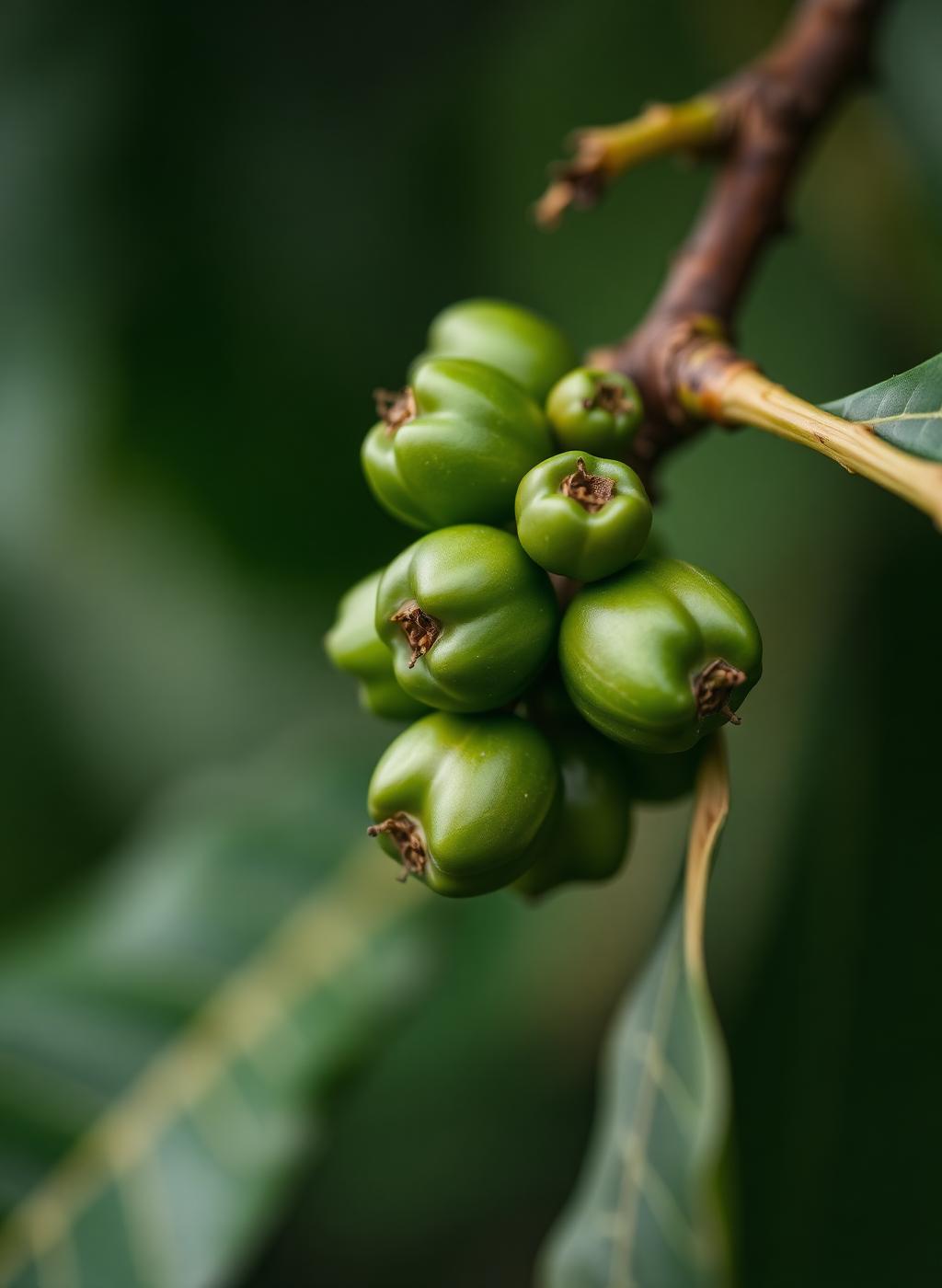 Green coffee cherries on the branch